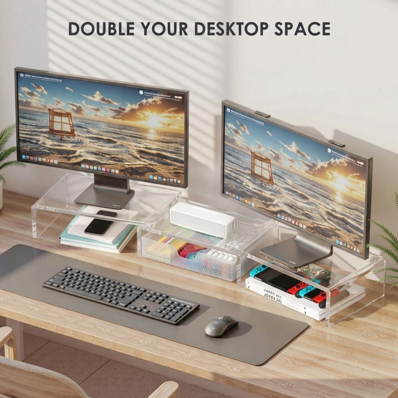 OPNICE Clear Acrylic Desk Organizers and Accessories, Dual Monitor Stand Riser with Drawer, Desk Shelf Computer Racks for Office Workspace Organizers, Desktop Organization (Transparent) - Image 4