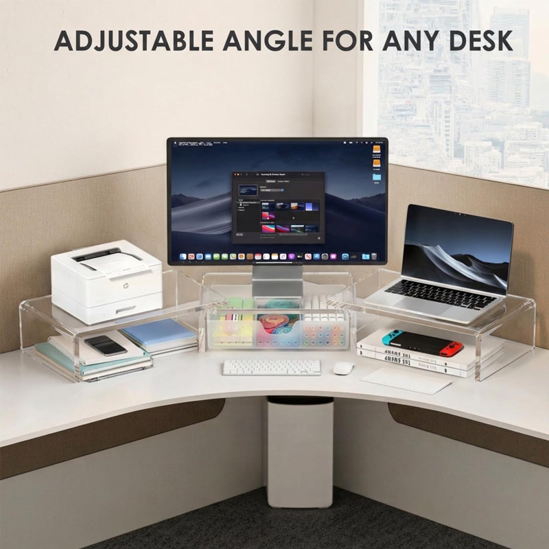 OPNICE Clear Acrylic Desk Organizers and Accessories, Dual Monitor Stand Riser with Drawer, Desk Shelf Computer Racks for Office Workspace Organizers, Desktop Organization (Transparent) - Image 5