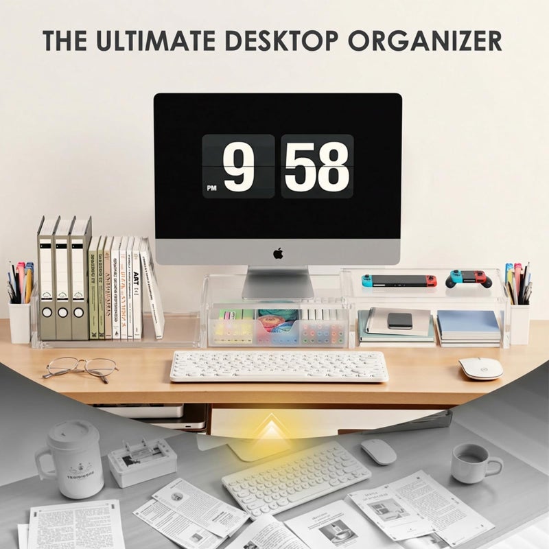 OPNICE Clear Acrylic Desk Organizers and Accessories, Dual Monitor Stand Riser with Drawer, Desk Shelf Computer Racks for Office Workspace Organizers, Desktop Organization (Transparent) - Image 3