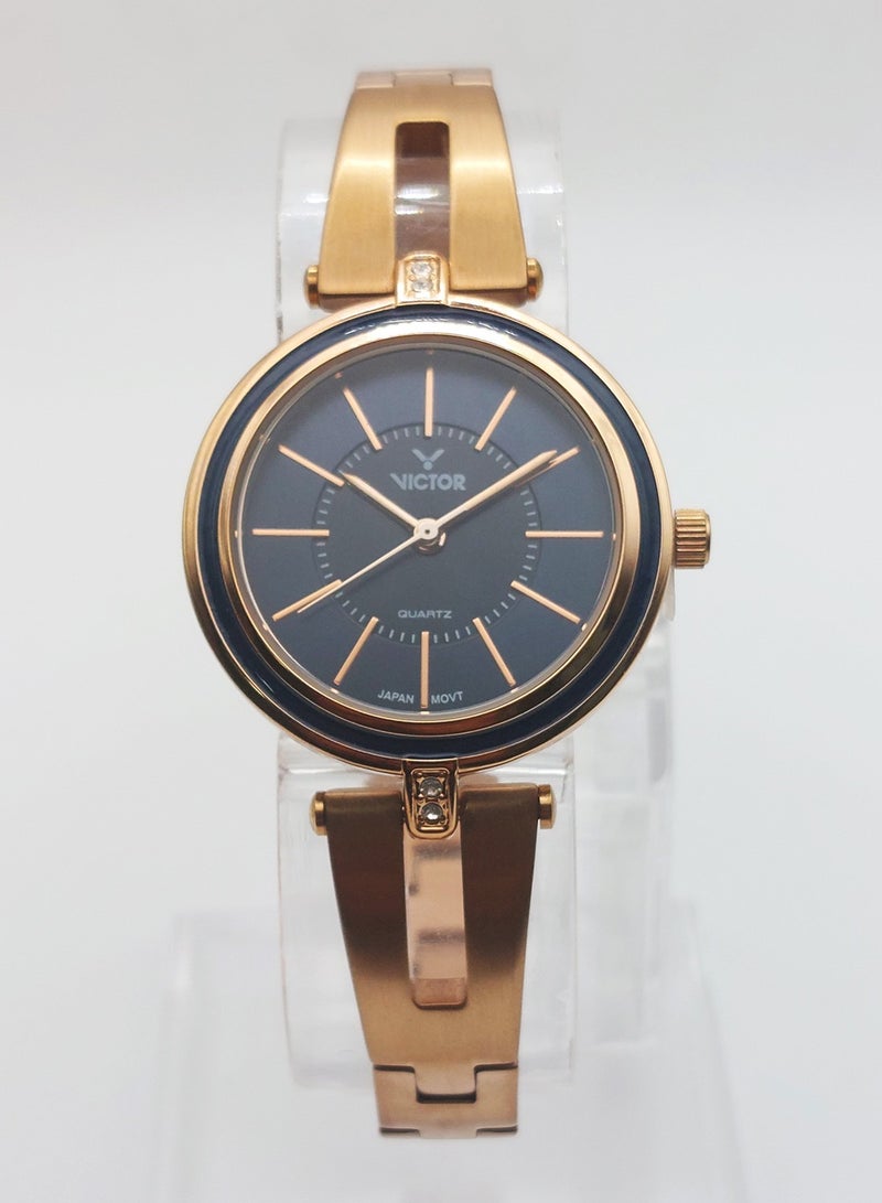 Victor ساعة نسائية أنالوج كوارتز باند من الفولاذ المقاوم للصدأ باللون الوردي الذهبي - V1498 - 32 مم - Image 3