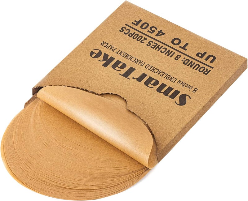 SMARTAKE 200 Pcs Unbleached Parchment Paper Baking Sheets Round, 8 Inches Non-Stick Precut Baking Parchment, for Baking Grilling Air Fryer Steaming Bread Cup Cake Cookie and More - Image 1