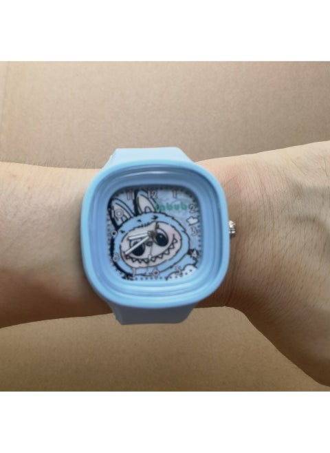 Square Labubu Cartoon Silicone Quartz Watch Light blue