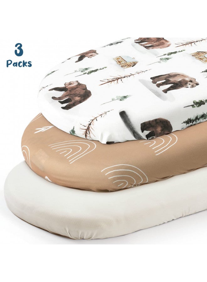 GRSSDER Stretchy Ultra Soft Fitted Bassinet Sheet Set 3 Pack, Universal Fit for Bassinets Baby Cradle Moses Basket Oval Rectangle Mattress Safe and Snug, Jungle Bear/Rainbow for Baby - Image 1