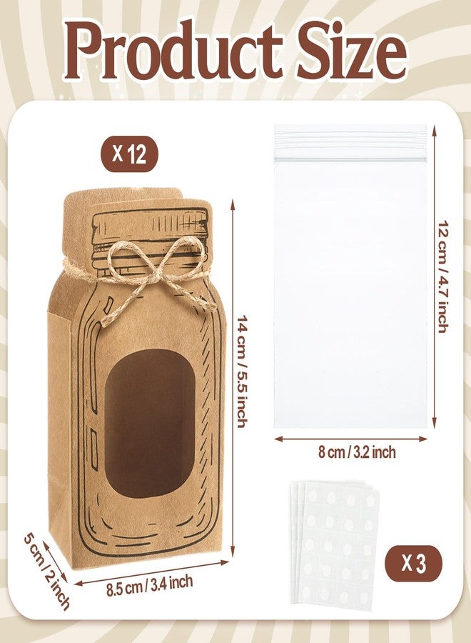Glenmal 12 Pcs 3.4 x 5.5 Inches Christmas Mason Jar Bags with 12 Clear Plastic Zipper Bags, 60 Stickers and a Jute Rope, DIY Kraft Bag for Gift Wrapping, Party Weddings, Birthdays and Holidays - Image 2