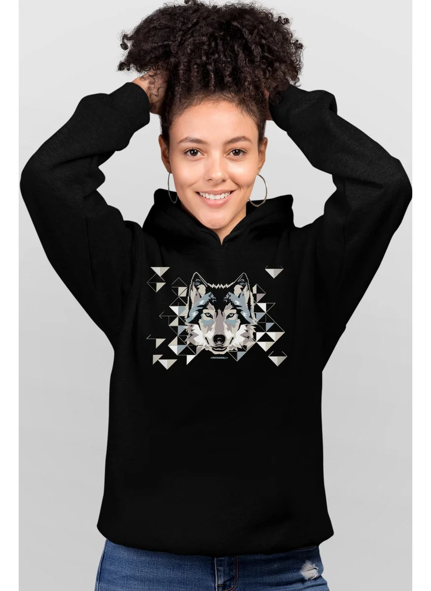 Rock&Roll Geometric Wolf Black Hooded Women's Sweatshirt