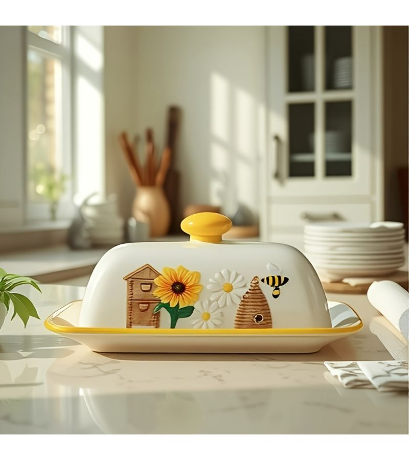 صحن زبدة عباد الشمس مرسوم يدويًا من السيراميك بغطاء نحلة - Image 1