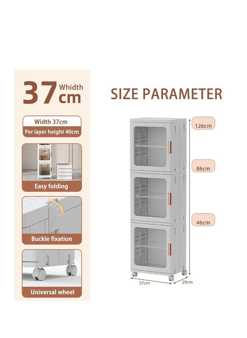 Narrow Storage Cabinet Box Bathroom Corner Locker Kitchen Organizer Foldable with Adjustable Shelf and Clear Door for Baby Clothes Toys Snack Shoes Hats and Bags (3 Layer, White)  - Image 2