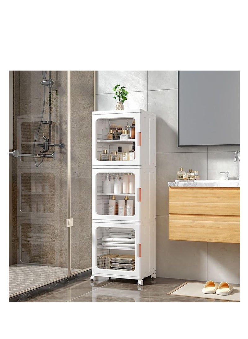 Narrow Storage Cabinet Box Bathroom Corner Locker Kitchen Organizer Foldable with Adjustable Shelf and Clear Door for Baby Clothes Toys Snack Shoes Hats and Bags (3 Layer, White)  - Image 4