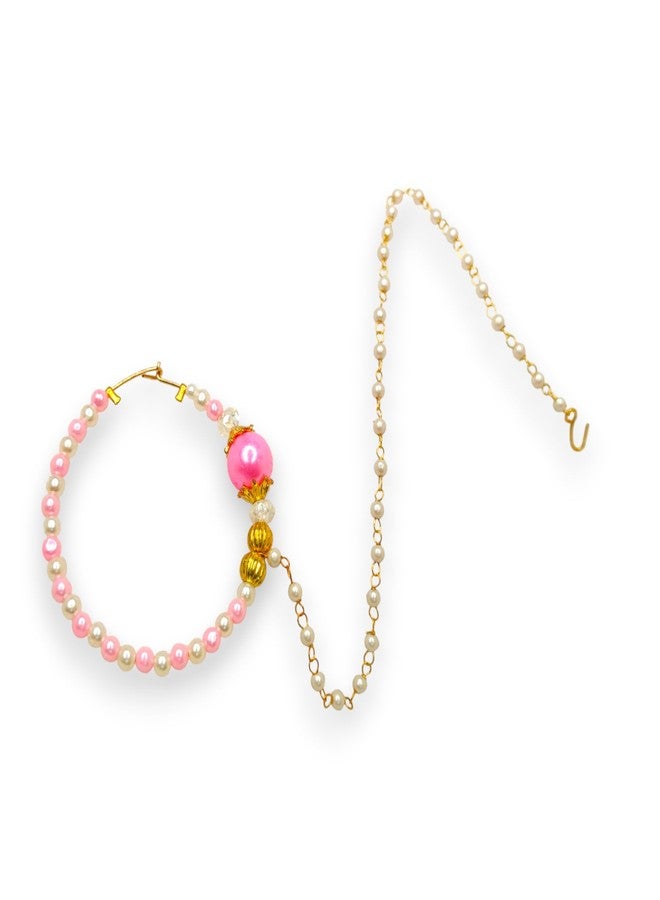 SUN SHINE Nose Ring Nath for Women and Girls, Pink and white Pearl Beaded Traditional Jewelry - Image 1