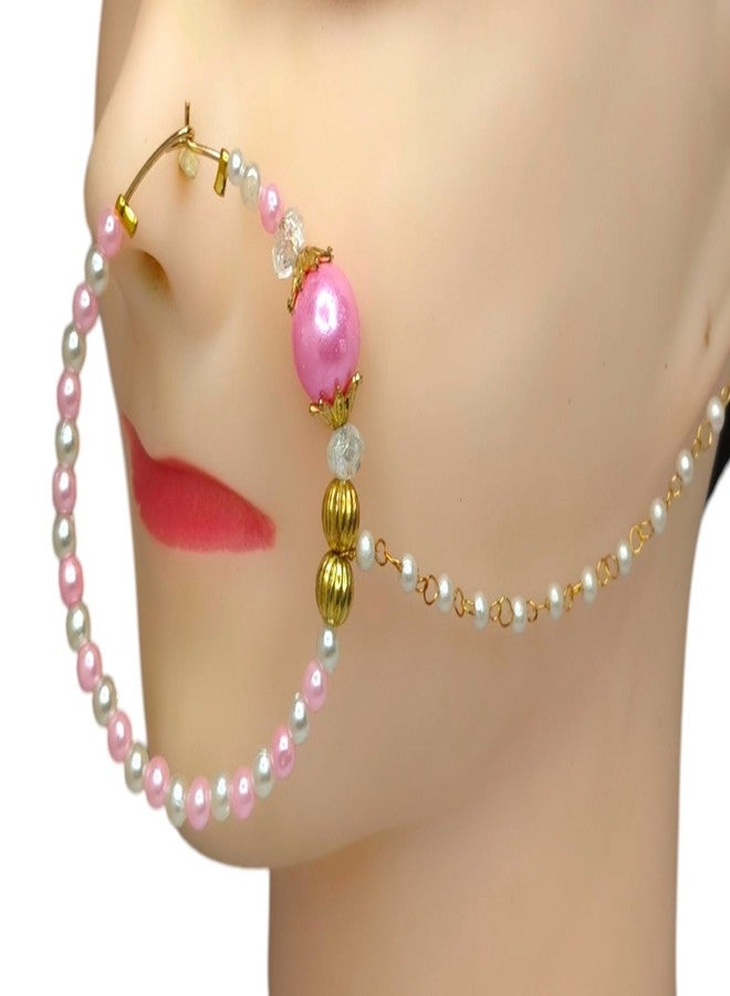 SUN SHINE Nose Ring Nath for Women and Girls, Pink and white Pearl Beaded Traditional Jewelry - Image 2