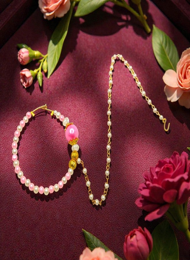 SUN SHINE Nose Ring Nath for Women and Girls, Pink and white Pearl Beaded Traditional Jewelry - Image 3