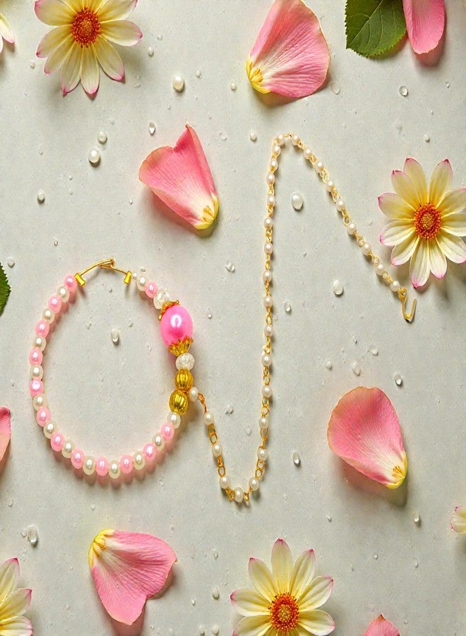 SUN SHINE Nose Ring Nath for Women and Girls, Pink and white Pearl Beaded Traditional Jewelry - Image 5