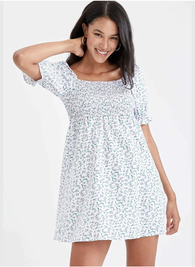 DeFacto Flower Print Balloon Sleeves Mini Poplin Dress
