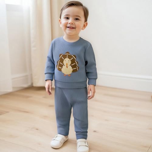 Fernvia Baby Boy Fall Clothes Toddler Thanksgiving Outfit Turkey Football Embroidered Waffle Knit Sweatshirts Pants Set A Blue 1218 Months - Image 3