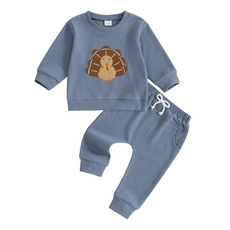 Fernvia Baby Boy Fall Clothes Toddler Thanksgiving Outfit Turkey Football Embroidered Waffle Knit Sweatshirts Pants Set A Blue 1218 Months - Image 2