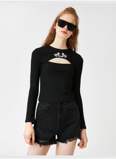 KOTON Cut Out Detailed Long Sleeved Ribbed Mock Neck T-Shirt  - Image 3