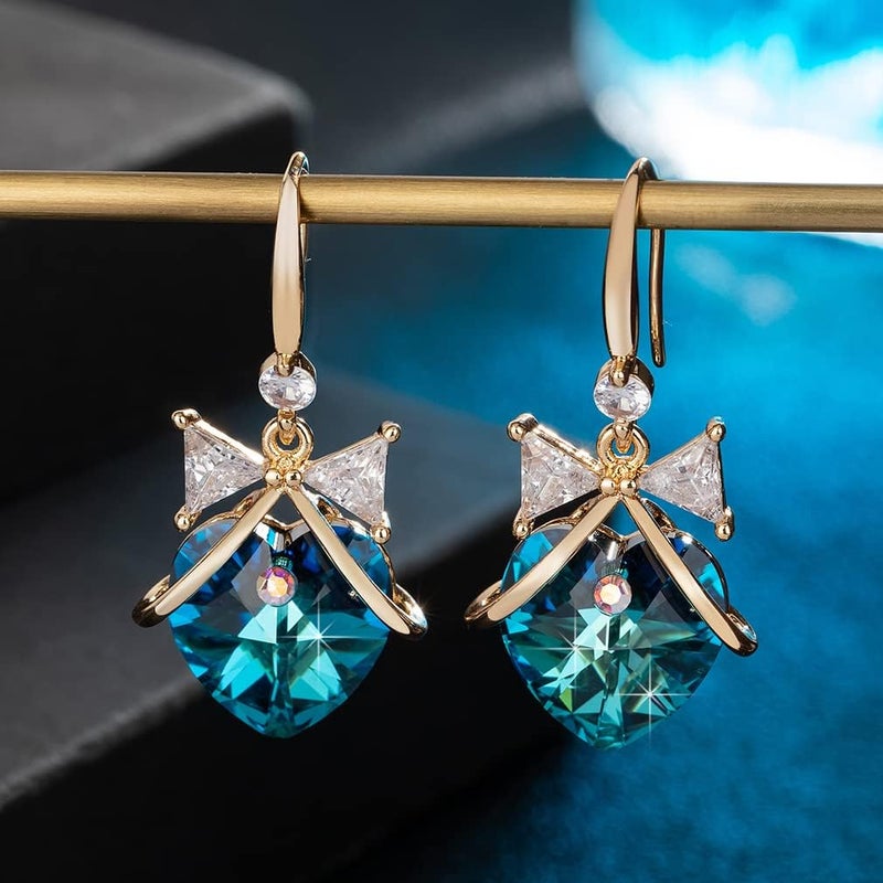 EVEVIC Austrian Crystal Heart Drop Dangle Bow Earrings for Women Fashion 14K Gold Plated Hypoallergenic Jewelry (Bermuda Blue) - Image 5