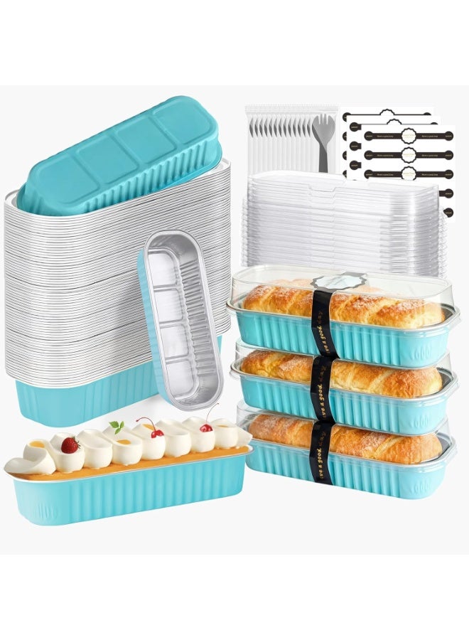 general 100 Pack Mini Cake Pans with Lids and Spoons, Mini Loaf Pans 6.8oz, Small Disposable Aluminum Foil Loaf Pans, Rectangular Baking Containers for Party and Picnics, Cheesecake Pans (Blue) - Image 1