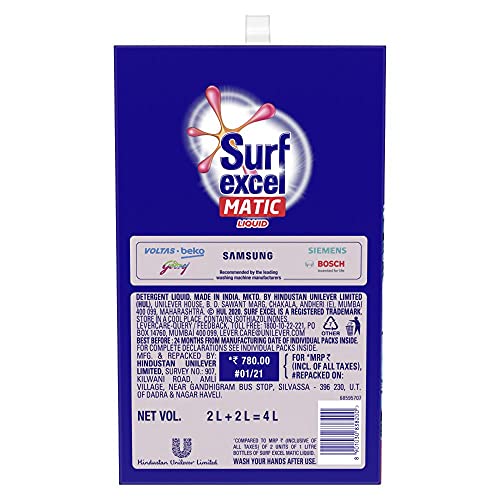 Surf Excel Matic Front Load Liquid Detergent 4L Refill Pouch, For Removing Tough Stains, Surf Excel Liquid Detergent - Front Load Washing Machines - Image 2
