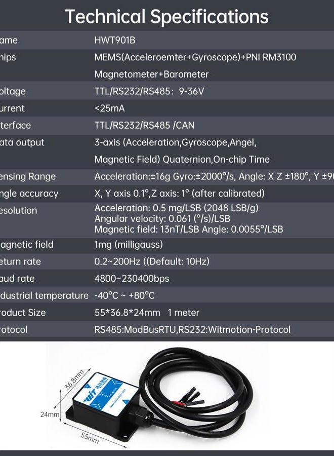 WitMotion HWT901B High Precision MPU9250 Inclinometer, Military-grade Triaxial Gyro+Accelerometer+Angle+Magnetometer+Air Pressure+Altitude, UART Serial AHRS, 200HZ Digital Output, Low Drift of Z Angle - Image 3