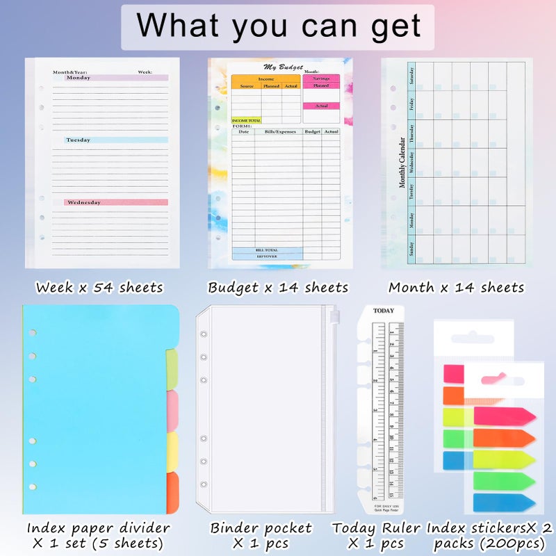 Toplive 7 Pack A5 Planner Inserts Monthly Weekly Planner Refills Paper 6 Ring Expense Budget Sheets with Cash Envelopes Divider Ruler Stickers, for A5 Planner Binder Cover, Colorful - Image 2