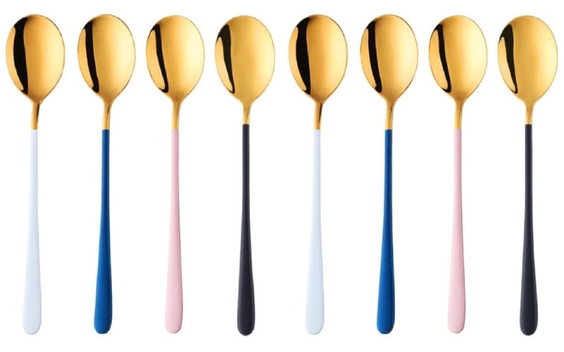 OLWICK® 8 PCS 304 Stainless Steel Round Head Soup Spoons, Modern Thick Long Handle Dinner Spoons for Soup,Dessert,Milk,Tea,Coffee (Gold) - Image 1