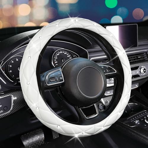 SuperKaKa Steering Wheel Cover Auto Cute PU Diamond Bling Breathable Soft Comfort Leather Car Interior Accessories Sparkly Fit Most OShaped Steering Wheels for Women Men White - Image 1
