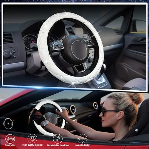 SuperKaKa Steering Wheel Cover Auto Cute PU Diamond Bling Breathable Soft Comfort Leather Car Interior Accessories Sparkly Fit Most OShaped Steering Wheels for Women Men White - Image 3