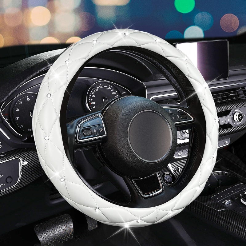 SuperKaKa Steering Wheel Cover Auto Cute PU Diamond Bling Breathable Soft Comfort Leather Car Interior Accessories Sparkly Fit Most OShaped Steering Wheels for Women Men White - Image 2