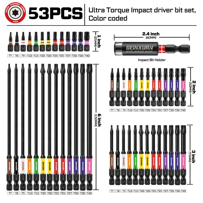 Geinxurn Impact Torx Screwdriver Bits Set, 52Pcs Magnetic(T7-T40) S2 Steel 1â€/2â€/3â€/6â€ Long Extension Multi Star Driver Bits and 1Pc Bit Holder with Color Coded Base - Image 2