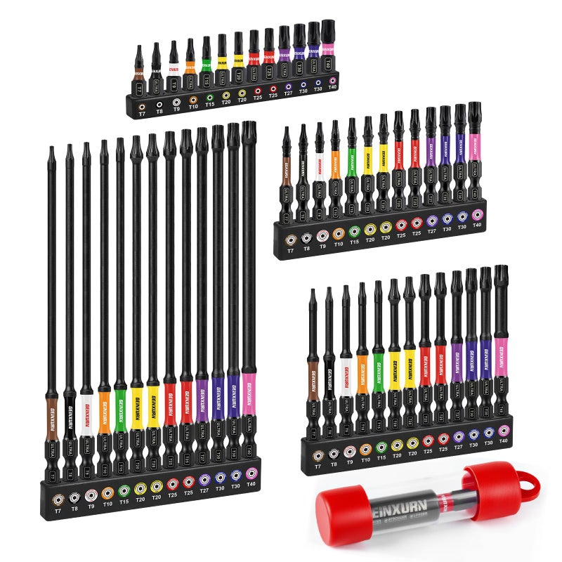 Geinxurn Impact Torx Screwdriver Bits Set, 52Pcs Magnetic(T7-T40) S2 Steel 1â€/2â€/3â€/6â€ Long Extension Multi Star Driver Bits and 1Pc Bit Holder with Color Coded Base - Image 1