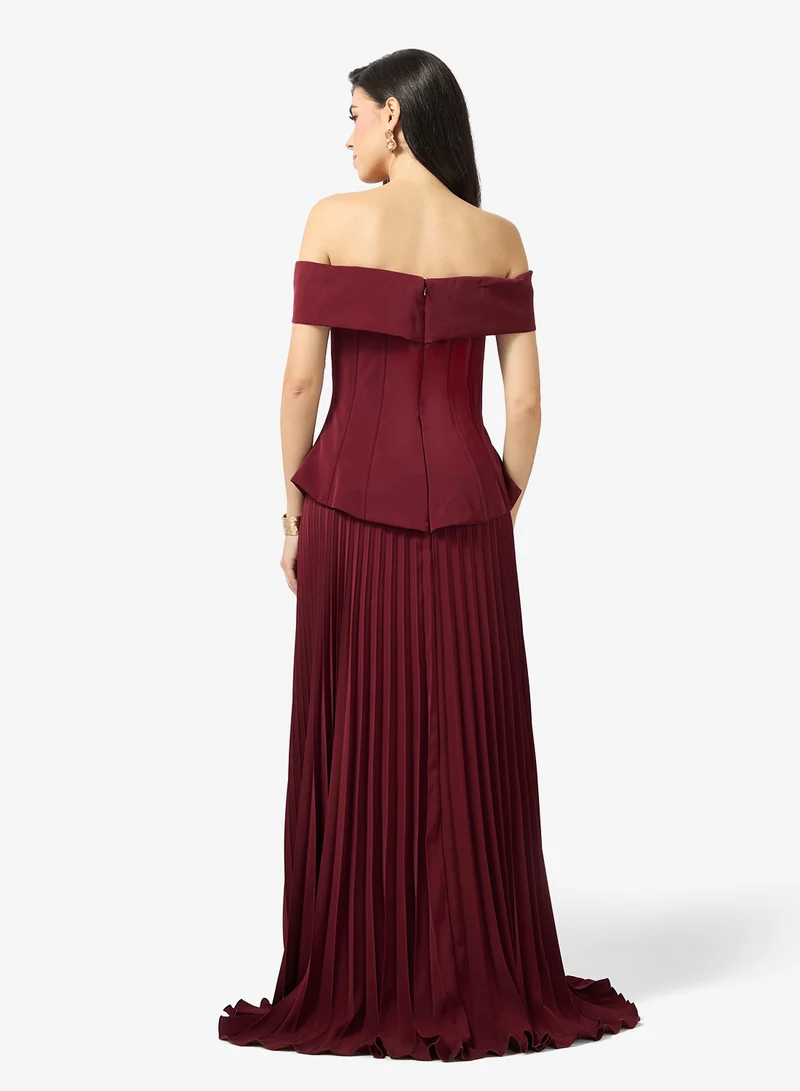 نمشي x Off Shoulder Peplum Bodice Drop Waist Dress