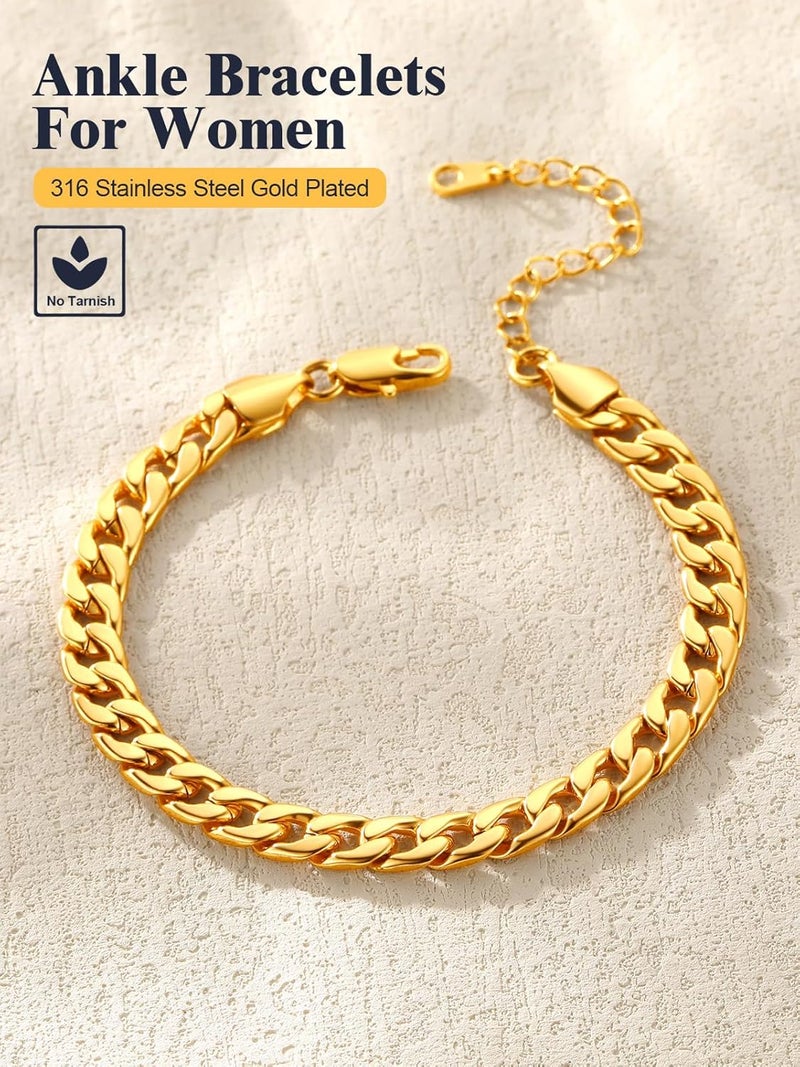 U7 Women Girls Barefoot Jewelry 18K Gold or Rose Gold Stainless Steel Heart/Rope/Figaro/Cuban Chain Anklet Foot Bracelet, 25-30 CM Long - Image 4