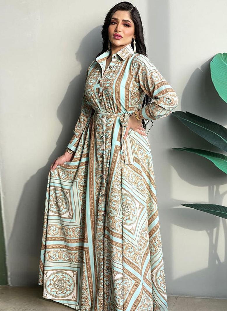 فرايديين نمط المشاهير طوق متقلب طباعة حزام ازرار كم القميص فساتين طويلة طباعة - Image 1