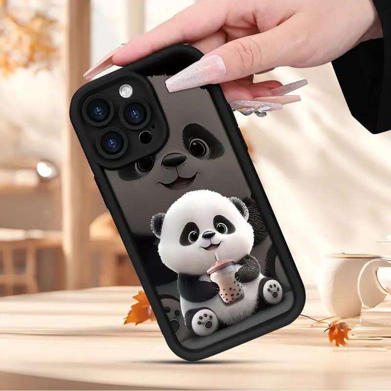 COVERLY Panda Pattern Back Case Cover for iPhone 15 | Hot 3D Teddy Bear Boba Tea Cute Design | Camera Lens Protection | Soft Silicone Drinking Coffee Print Cover for Girls & Women (Black, Shockproof) - Image 2