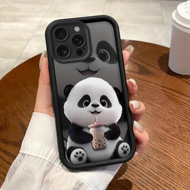 COVERLY Panda Pattern Back Case Cover for iPhone 15 | Hot 3D Teddy Bear Boba Tea Cute Design | Camera Lens Protection | Soft Silicone Drinking Coffee Print Cover for Girls & Women (Black, Shockproof) - Image 3