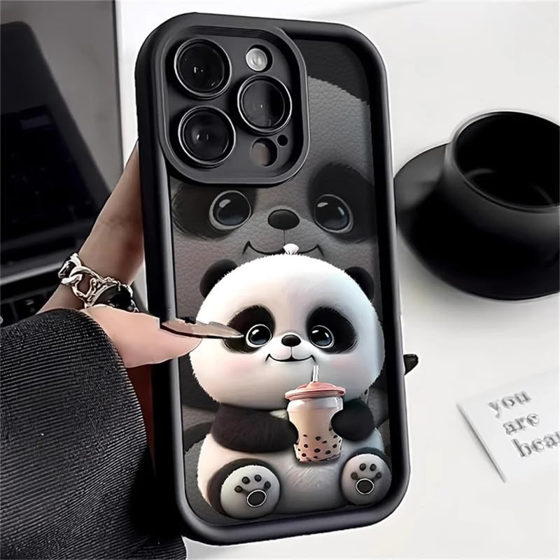COVERLY Panda Pattern Back Case Cover for iPhone 15 | Hot 3D Teddy Bear Boba Tea Cute Design | Camera Lens Protection | Soft Silicone Drinking Coffee Print Cover for Girls & Women (Black, Shockproof) - Image 1