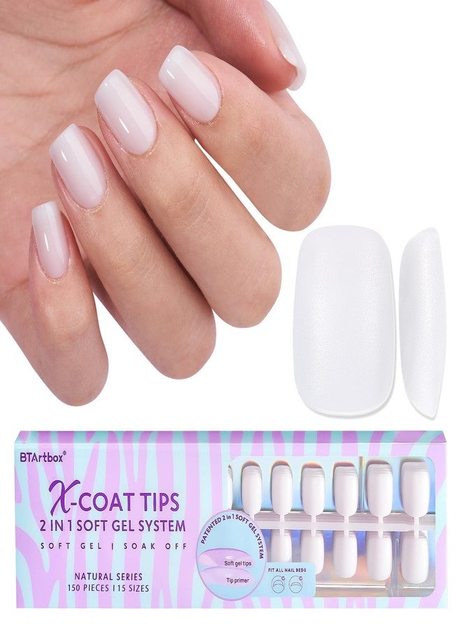 BTArtboxnails XS Short Square Gel Nail Tips - Pre Colored Milky White Soft Gel Nail Tips, Milky White Press on Nails, Natural XCOATTIPS Pre Applied Tip Primer - Image 1