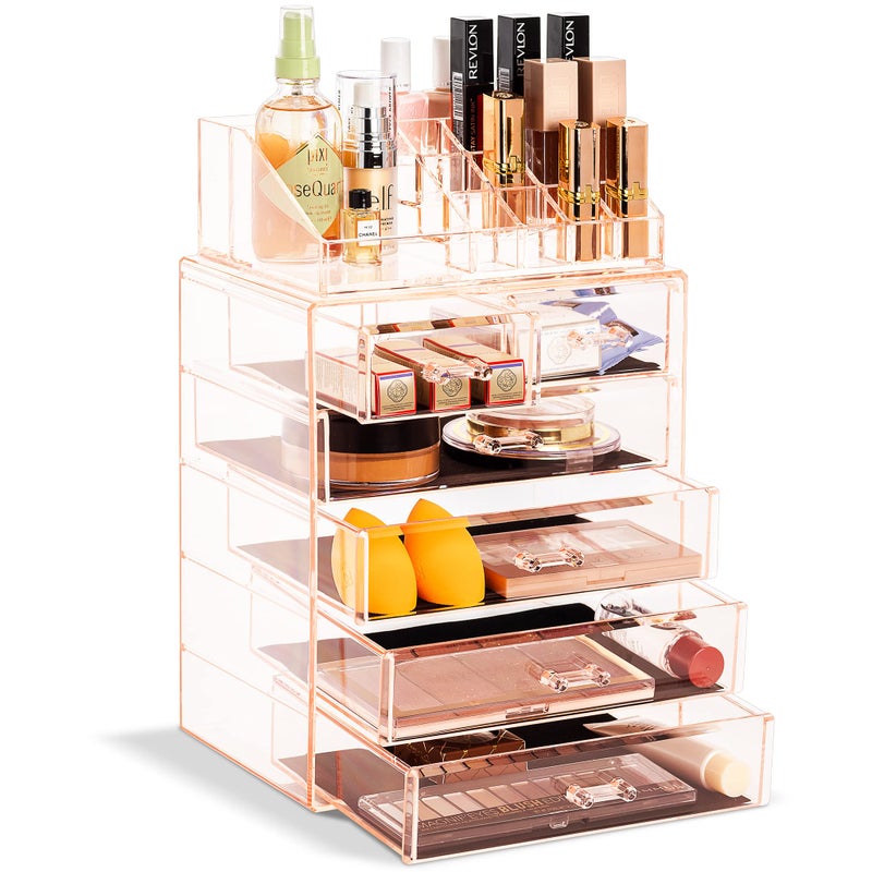 Sorbus Clear Cosmetic Makeup Organizer  Make Up  Jewelry Storage Case  Display  Spacious Design  Great Holder for Dresser Bathroom Vanity  Countertop 4 Large 2 Small Drawers Pink