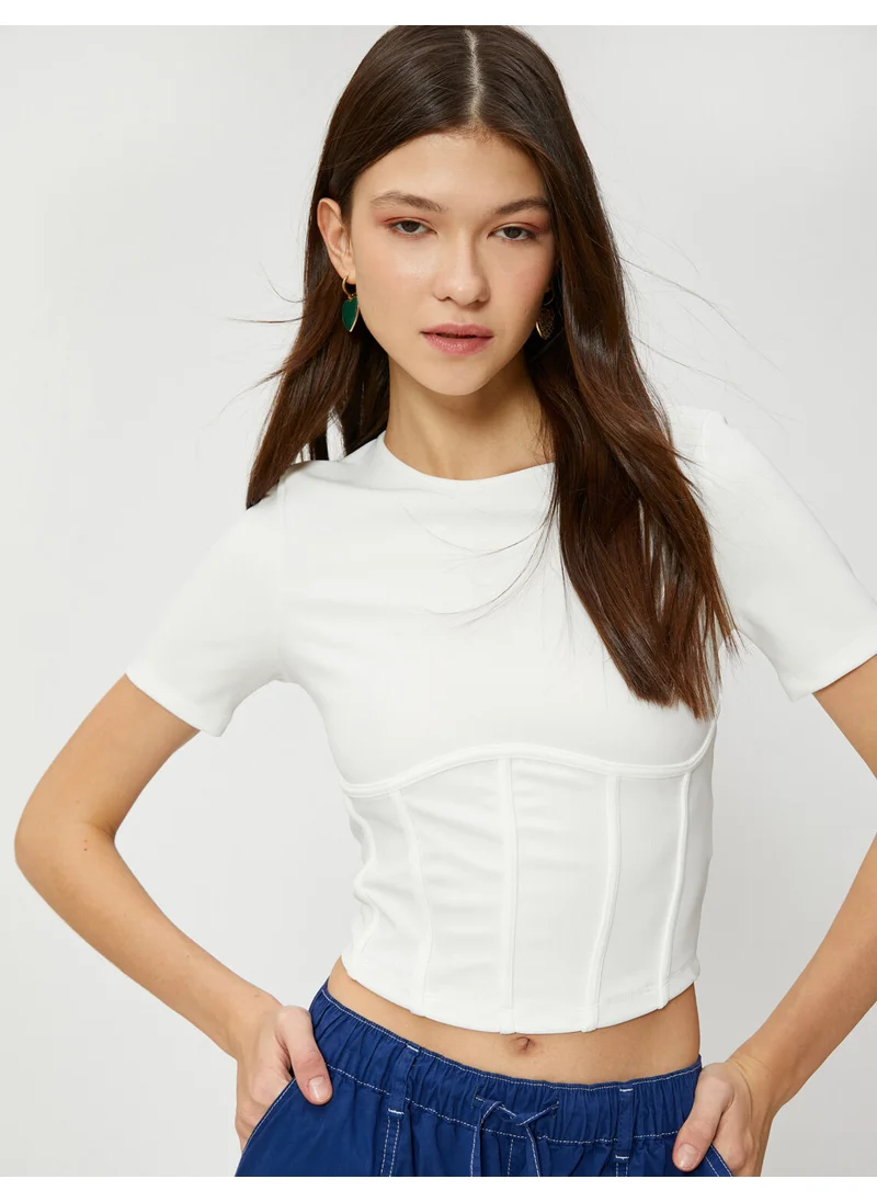 كوتون Crop T-Shirt Corset Look Short Sleeve Crew Neck