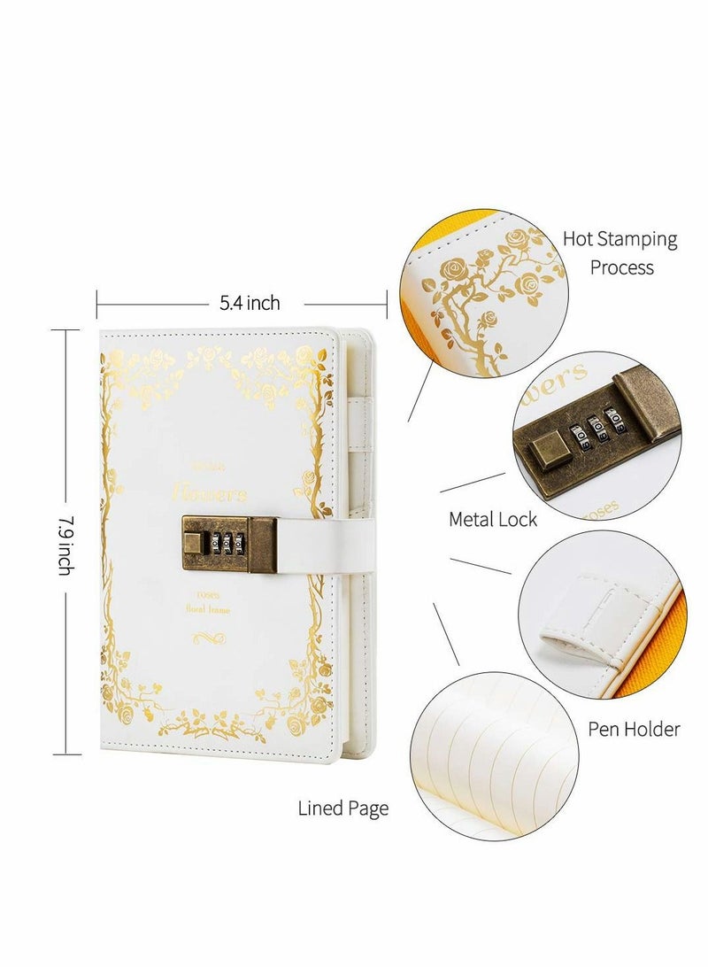 Lock Diary Leather Locking Journal Writing Notebook Vintage Planner Agenda Personal Gift for Girls Journal, White - Image 2