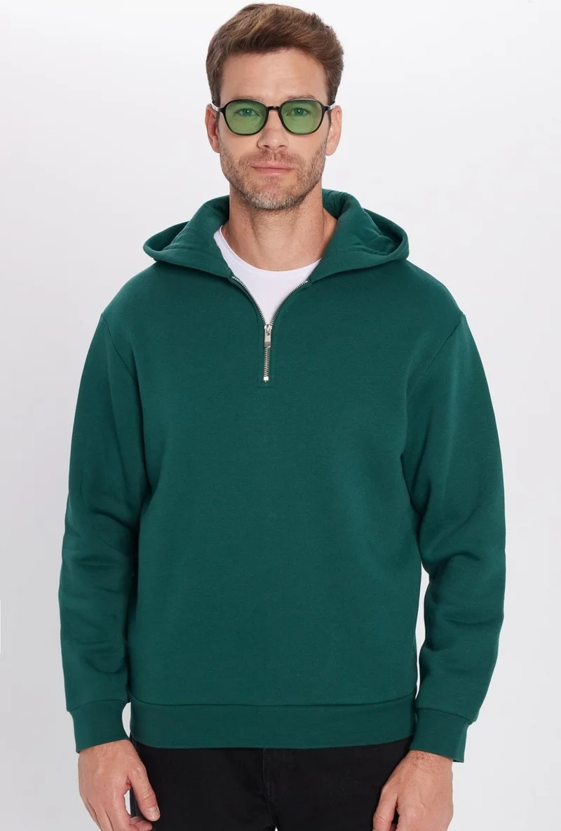 تودورس Relax Fit Comfortable Cut Cotton Fleece Half Zip Khaki Hooded Sweatshirt