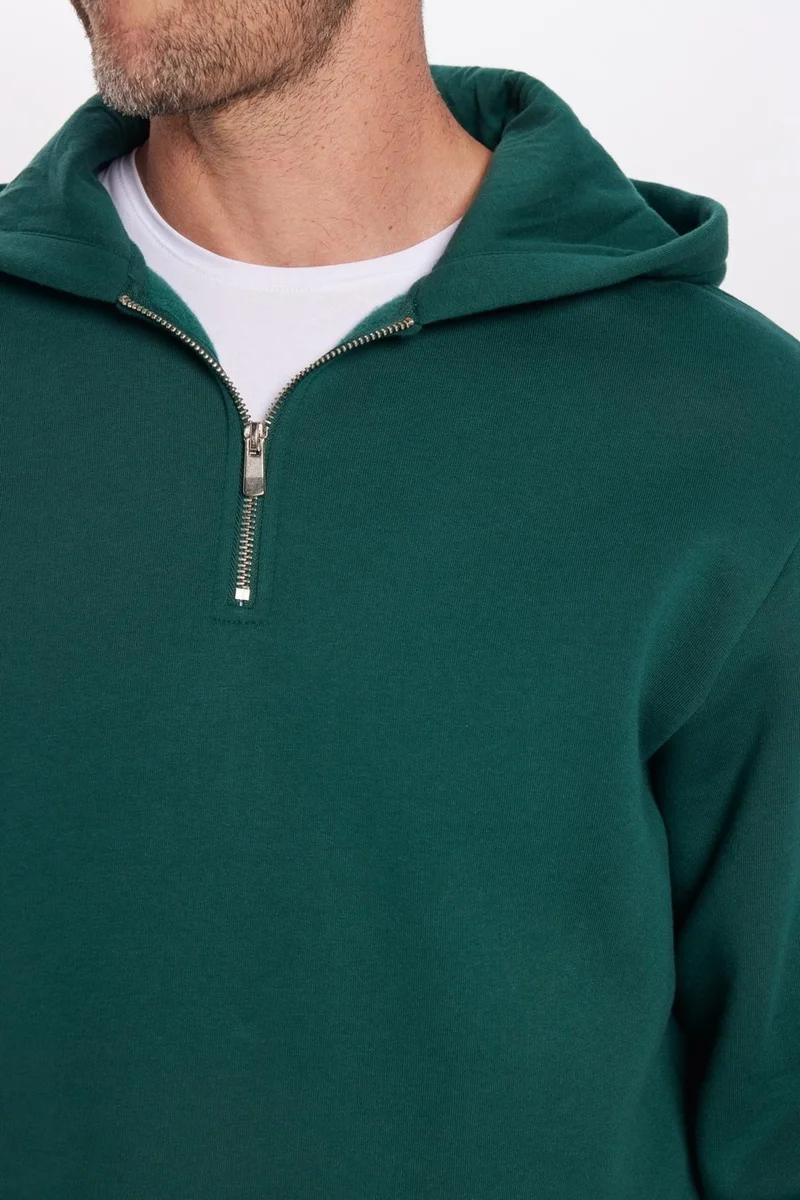 تودورس Relax Fit Comfortable Cut Cotton Fleece Half Zip Khaki Hooded Sweatshirt