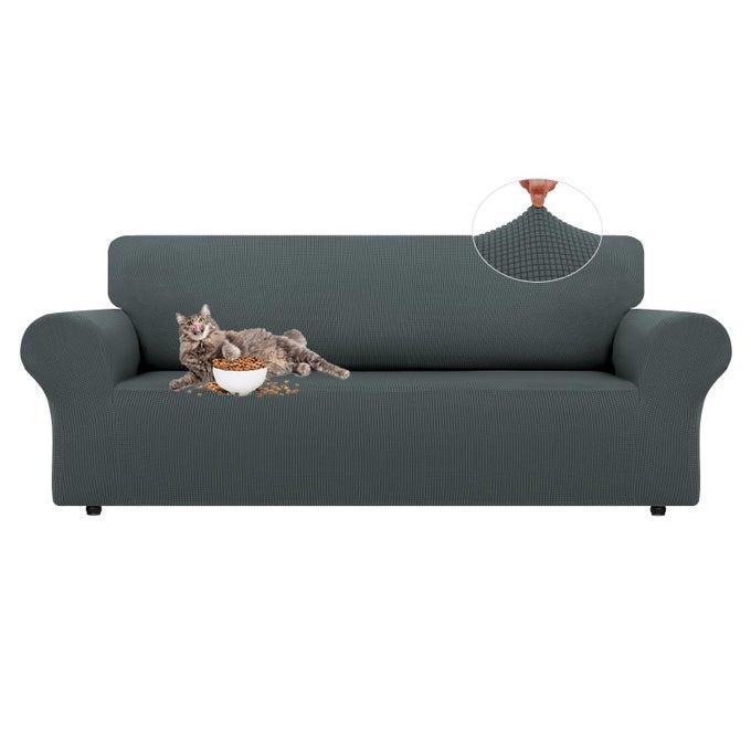 STRETCH SOFA SLIPCOVERS 1 PIECE COUCH COVERS FOR 3 CUSHION COUCH SOFA FURNITURE PROTECTOR FULL SOFA COVERS WITH ELASTIC BOTTOM FOR KIDS AND DOG LARGE GREY