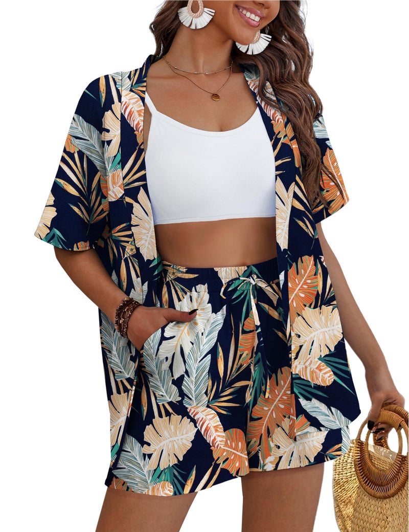 REDHOTYPE Women's 2 Piece Outfits Kimono Style Tropical Print Cover Ups Half Sleeve Blouse Shorts Set Summer Beachwear,Dark Flower 01,S - Image 1