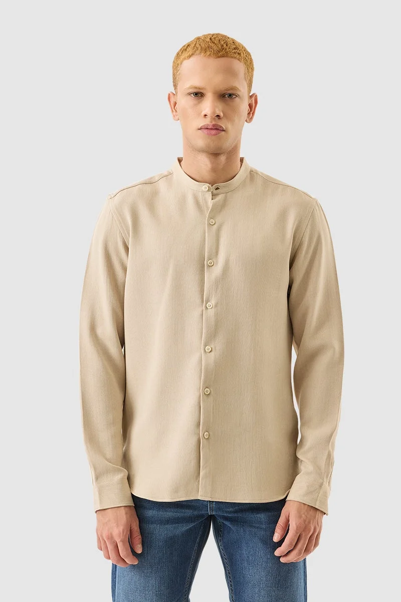 SNITCH Beige Solid Long Sleeve Slim Fit Shirt