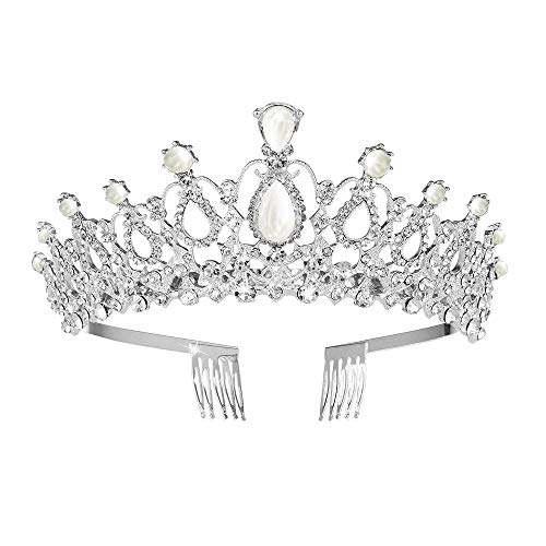 Sppry Women Tiara with Comb - Pearl Crystal Crown for Bridal Queen Princess Girls at Wedding Birthday Pageant (Silver) - Image 1