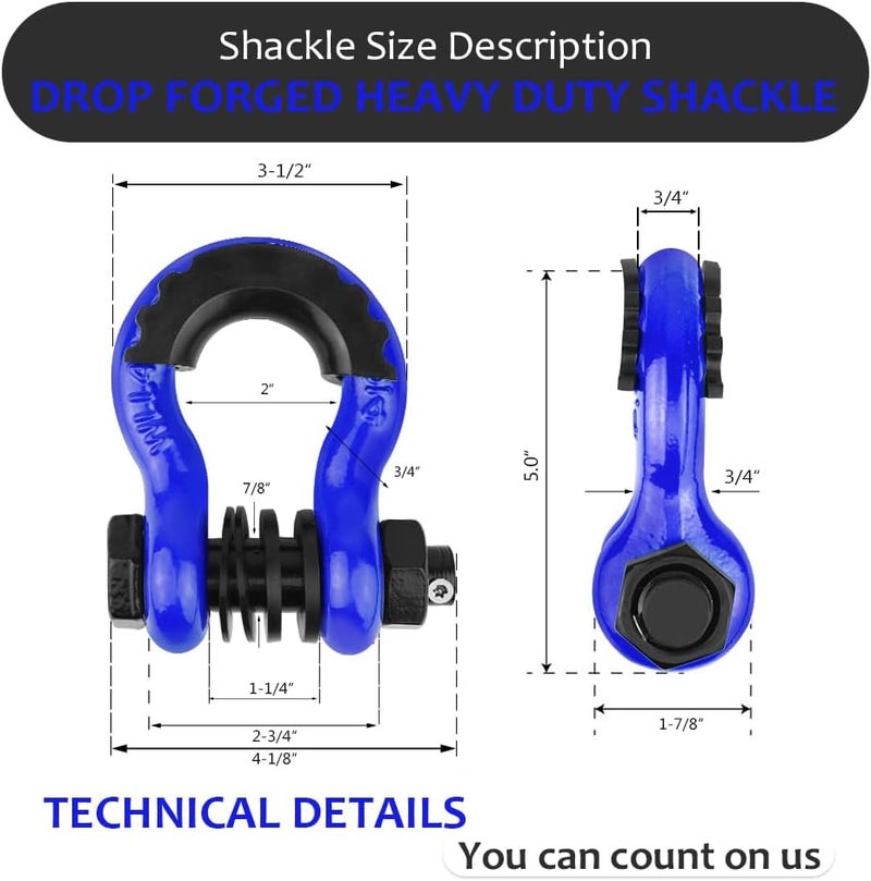 AMBULL Shackles 3/4" D Ring Shackle (2 Pack) 45,000lb Break Strength with 7/8" Pin, Anti Theft Security Screws, Isolator & Washer Kits for Use with Tow Strap Winch Truck Vehicle Recovery, Blue - Image 3