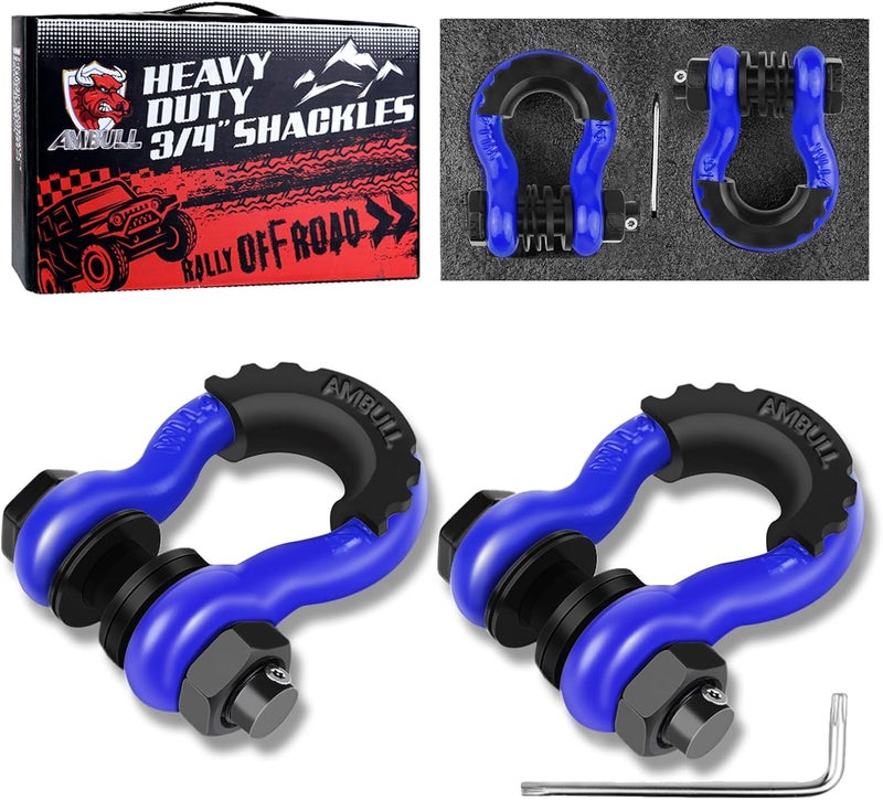 AMBULL Shackles 3/4" D Ring Shackle (2 Pack) 45,000lb Break Strength with 7/8" Pin, Anti Theft Security Screws, Isolator & Washer Kits for Use with Tow Strap Winch Truck Vehicle Recovery, Blue - Image 1