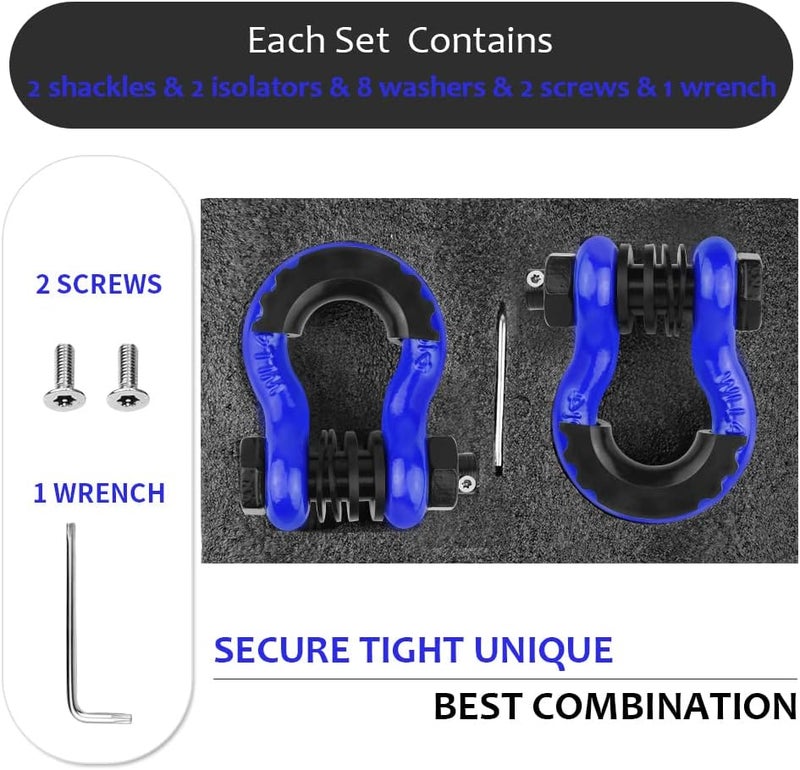 AMBULL Shackles 3/4" D Ring Shackle (2 Pack) 45,000lb Break Strength with 7/8" Pin, Anti Theft Security Screws, Isolator & Washer Kits for Use with Tow Strap Winch Truck Vehicle Recovery, Blue - Image 4